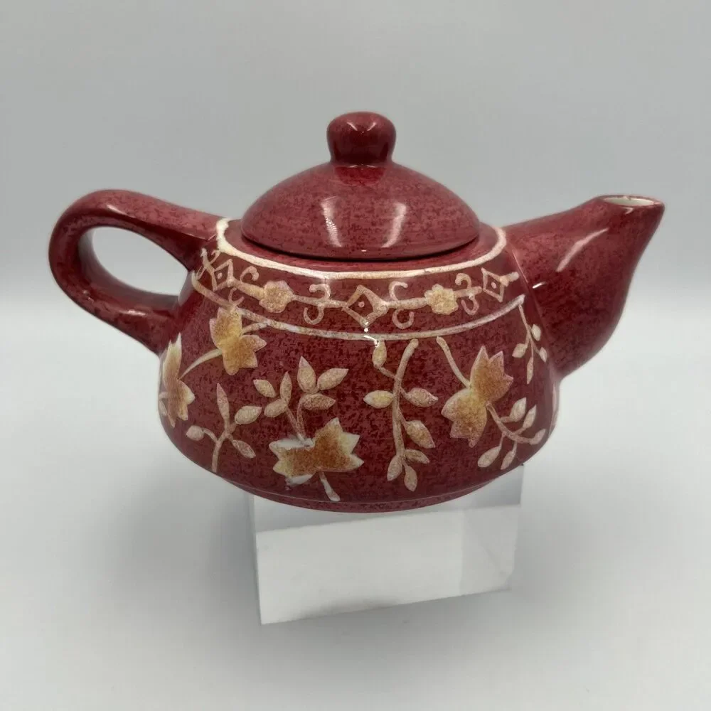 Vintage Red Glaze Etched Floral Ceramic Teapot Gold Accent Crackle Interior